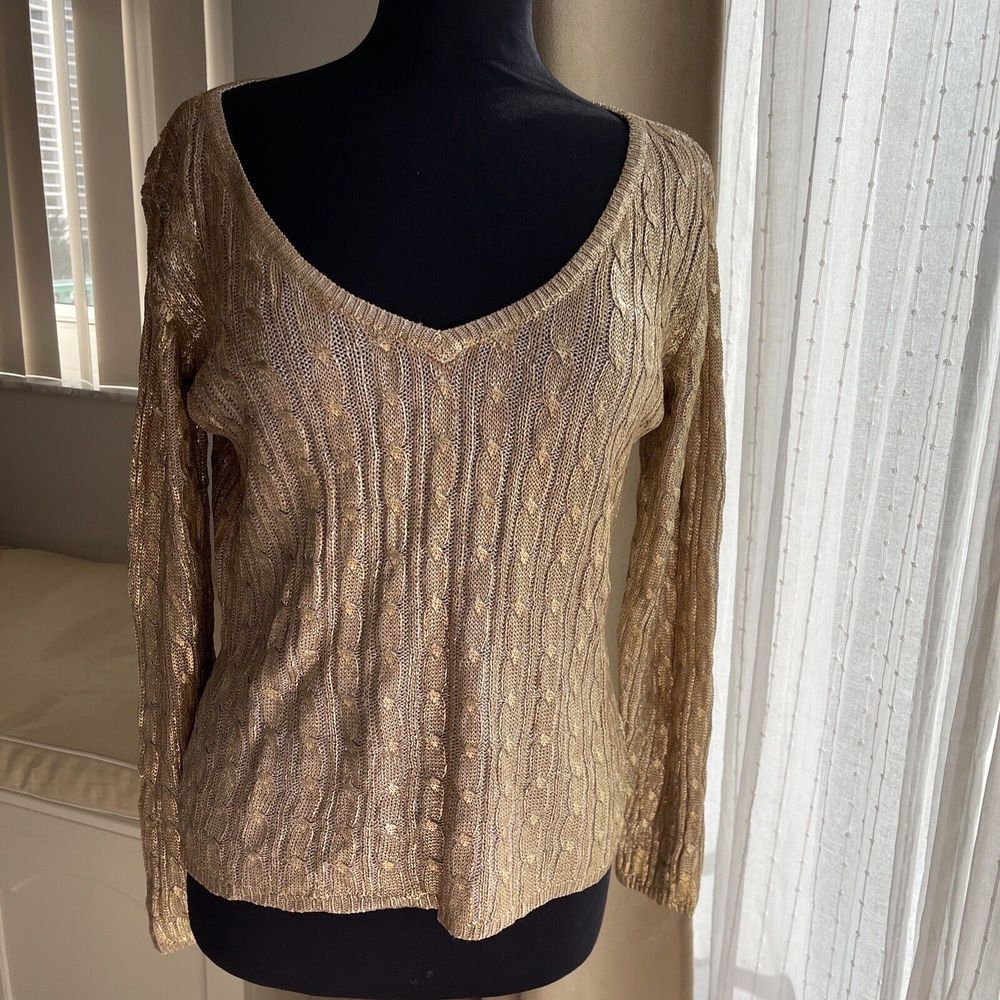Oscar De La Renta Tan Cable Knit Sweater Pullover Metallic Gold M